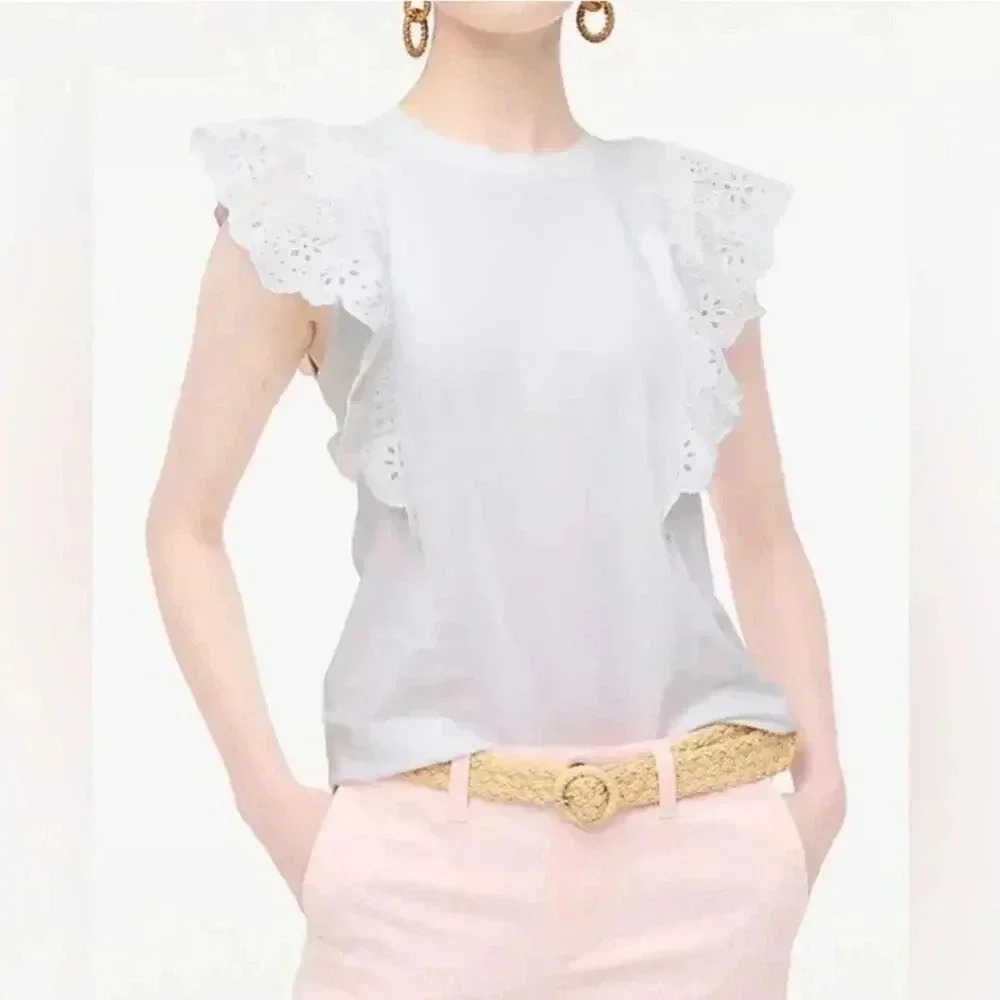 J Crew Factory White Ruffle Sleeve Eyelet Cotton Top XS NWT